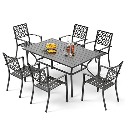 PHI VILLA 7-Piece Metal Patio Outdoor Table and Chairs Outdoor Dining Set - 60" Patio Table with Umbrella Hole and 6 Backyard Garden Chairs, Black