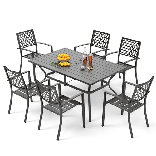 Image of PHI VILLA Patio Dining Set for 6, Stackable Chairs& Rectangular Table | 60 inch Rectangular Metal Table& Stackable Black Wrought Iron Chairs,Large Outside Furniture for Patio,Deck,Backyard,Porch
