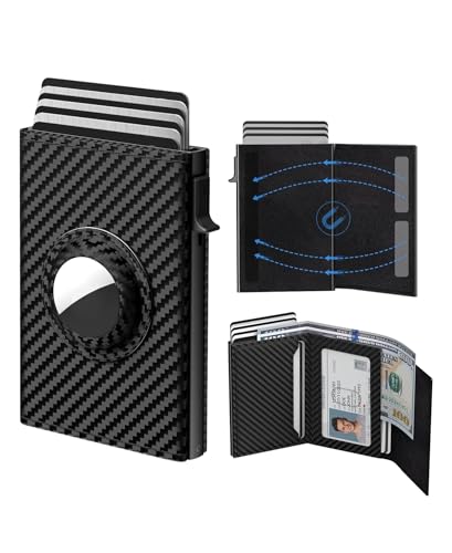Mens Pop Up Wallet for AirTag: Premium Genuine Leather, RFID Blocking, Smart, Minimalist, 9-14 Card Capacity, ID Window, Cash Slot (Carbon Fiber)