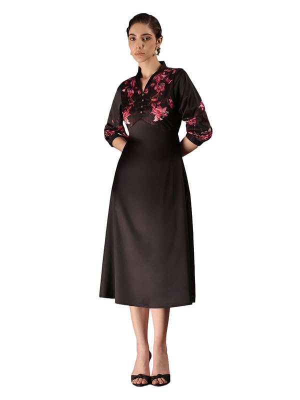 fablestreet Women Party Dress | Elegant A-Line Fit Midi Length Mandarin Collar Puff Sleeve Floral Print | Premium Satin Fabric with Pockets for Evening & Cocktail Events-picture-10