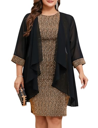 Image of ZOMVA Plus Size Sparkly Formal Dress Suit 2 Piece Mother of The Bride Groom Chiffon Jacket Outfit Cocktail Evening