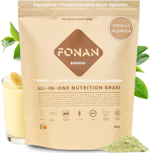 FONAN Batidos Sustitutivos de Comida y Desayuno con Enzimas DigeZyme y Probioticos - Batidos Saciantes Completos y Sanos con Proteina, Carbohidratos, Vitaminas, Minerales y Superalimentos BANANA FONAN Batidos Sustitutivos de Comida y Desayuno con Enzimas DigeZyme y Probioticos - Batidos Saciantes Completos y Sanos con Proteina, Carbohidratos, Vitaminas, Minerales y Superalimentos BANANA