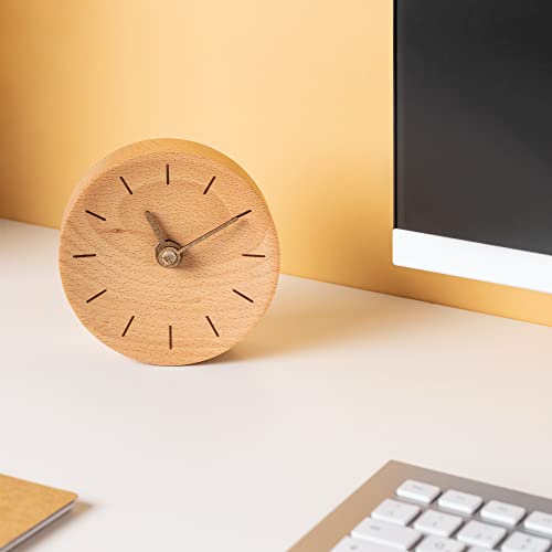 Navaris Small Modern Desk Clock - 4-3/8" Diameter Real Wood Analog Clock For Shelf, Table, Desktop - Silent Tick Battery Operated Clock - Light Brown #TOP2