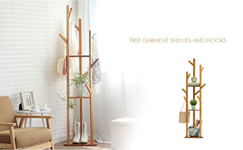 Image of LEOPAX Bamboo Freestanding Coat Rack With 3 Shelves And 7 Hooks, Coat Tree For Bedroom, Entryway, Livingroom, Coat Hanger Stand For Coats, Scarves, Handbags - Natural Color, 22.9 x 172.7 x 22.9 Cm