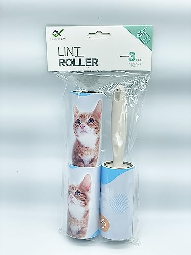 Image of House of Quirk Lint Rollers Brush Reusable Sticky Picker Cleaner Roller Easy-Tear Sheets Pet Hair Lint Roller 10cm Sheet Set of 3 Rolls 180 Sheets, 60 Sheets Each roll - Brown Cat