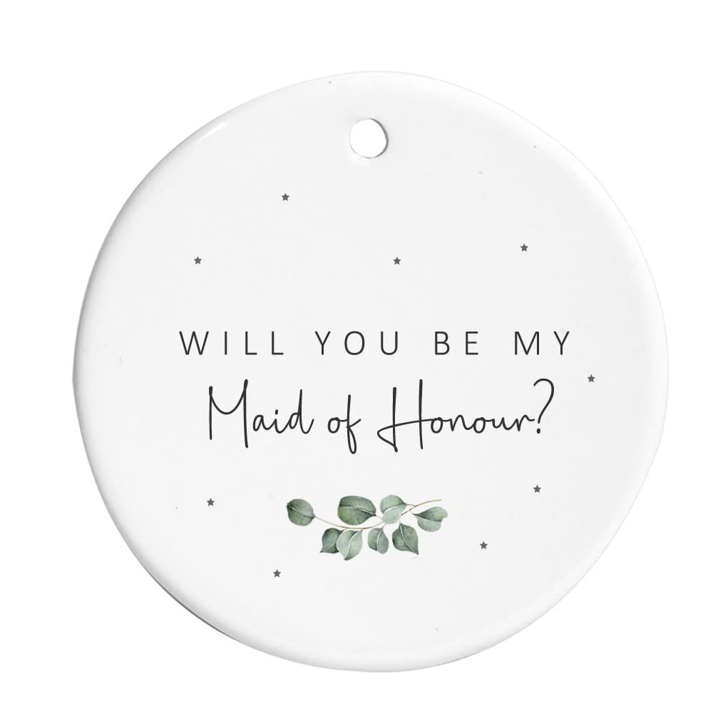 Maisie Moo Gifts Limited Maid Of Honour Wedding Party Proposal Hanging Ornament Ceramic Sign Will You Be My Bridesmaid Matron Of Honour - Sage Green Eucalyptus Theme (Maid Of Honour)
