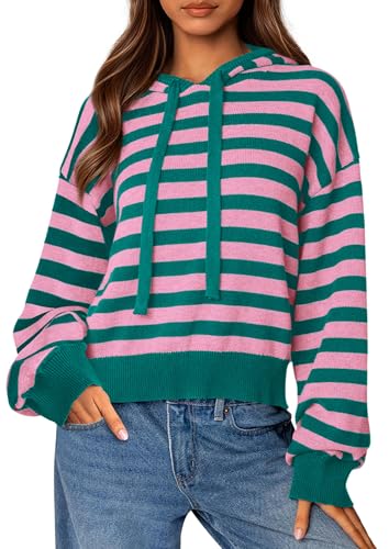 PRETTYGARDEN Hoodies for Women Fall Fashion 2026 Striped Pullover Sweaters Casual Long Sleeve Tops Winter Clothing (Striped Pink Green,X-Large)