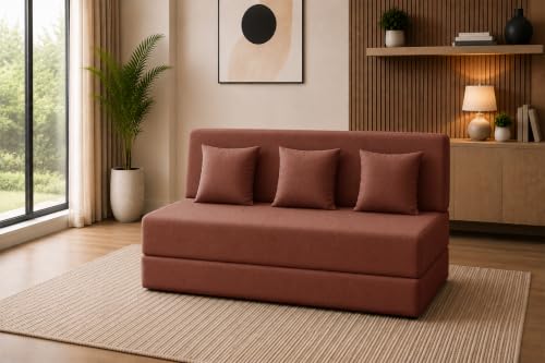 Image of Sofa Cum Bed with Jute Fabric, Convertible Three Seater Sofa Bed 5x6 Ft, Comfortable Cushioned Seating, Space Saving Design for Living Room, Bedroom & Guest Room - Brown Color