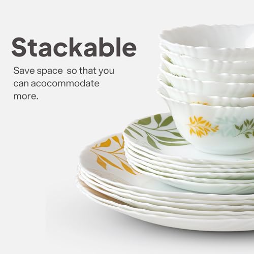 Image of Cello Imperial Series Opalware Dinner Set 33 Pcs | Lush Foliage | Opal Glass, Lightweight & Chip-Resistant | Microwave Safe, Dishwasher Safe | Scratch-Resistant Dinnerware | White
