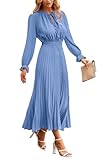 PRETTYGARDEN Women's 2025 Spring Fall Midi Dress Casual Long Sleeve V Neck Swiss Dot Pleated A Line Flowy Dresses (Light Blue,Large)