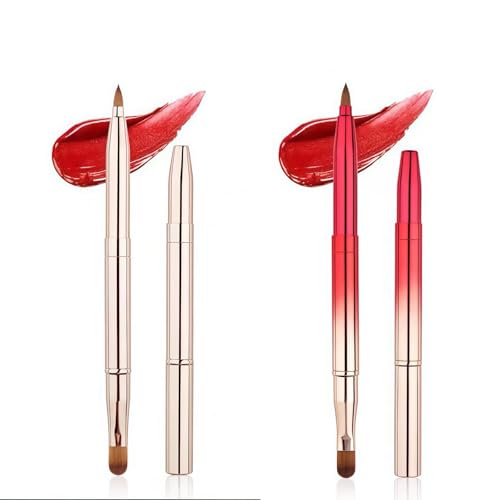 2 Pcs Retractable Double Ended Lip Brush with Cap for Lipstick Lip Gloss Liner Professional Travel Makeup Brush Applicator