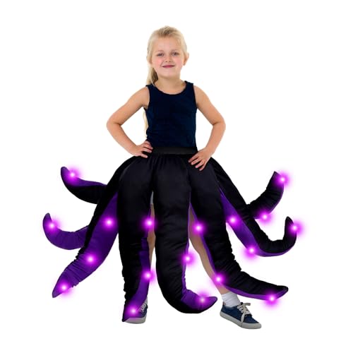 Funtery Disfraz de pulpo para mujer, vestido de pulpo negro y morado, disfraz largo de tentáculos de bruja, disfraz de Halloween para adultos (pulpo con luz LED morada)