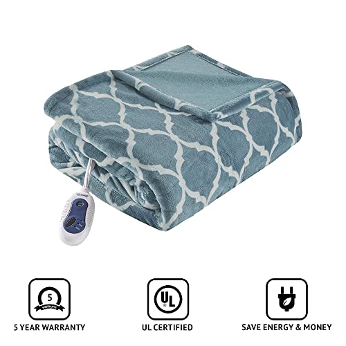 Beautyrest Ogee Printed Plush Electric Blanket For Cold Weather, Fast Heating, Auto Shut Off, Virtually Zero Emf, Multi Heat Setting, Ul Certified, Machine Washable, Teal Oversized Throw 60X70 #TOP3