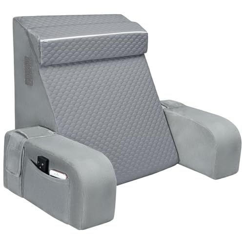 Reading Pillow, Bed Rest Pillow with Neck Roll & Detachable Arm Support, Adult Backrest with Washable Cover, Adult Back Cushion Sitting in Bed, Couch or Floor for Watching TV/Gaming (Grey)