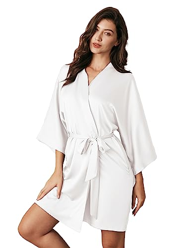 AW BRIDAL Women's Silk Robe Short Satin Robes Bridesmaids Robes Sleepwear with Oblique V-Neck, White S