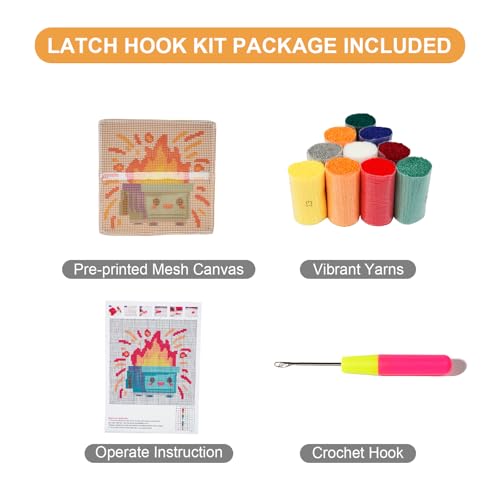 Image of QIONG MENG Latch Hook Kits for Adults, DIY Dumpster Fire Pattern Pillow Cover Kit Needlework Cushion Cover Hand Craft Crochet for Home Sofa Decorations 17 x 17 Inch