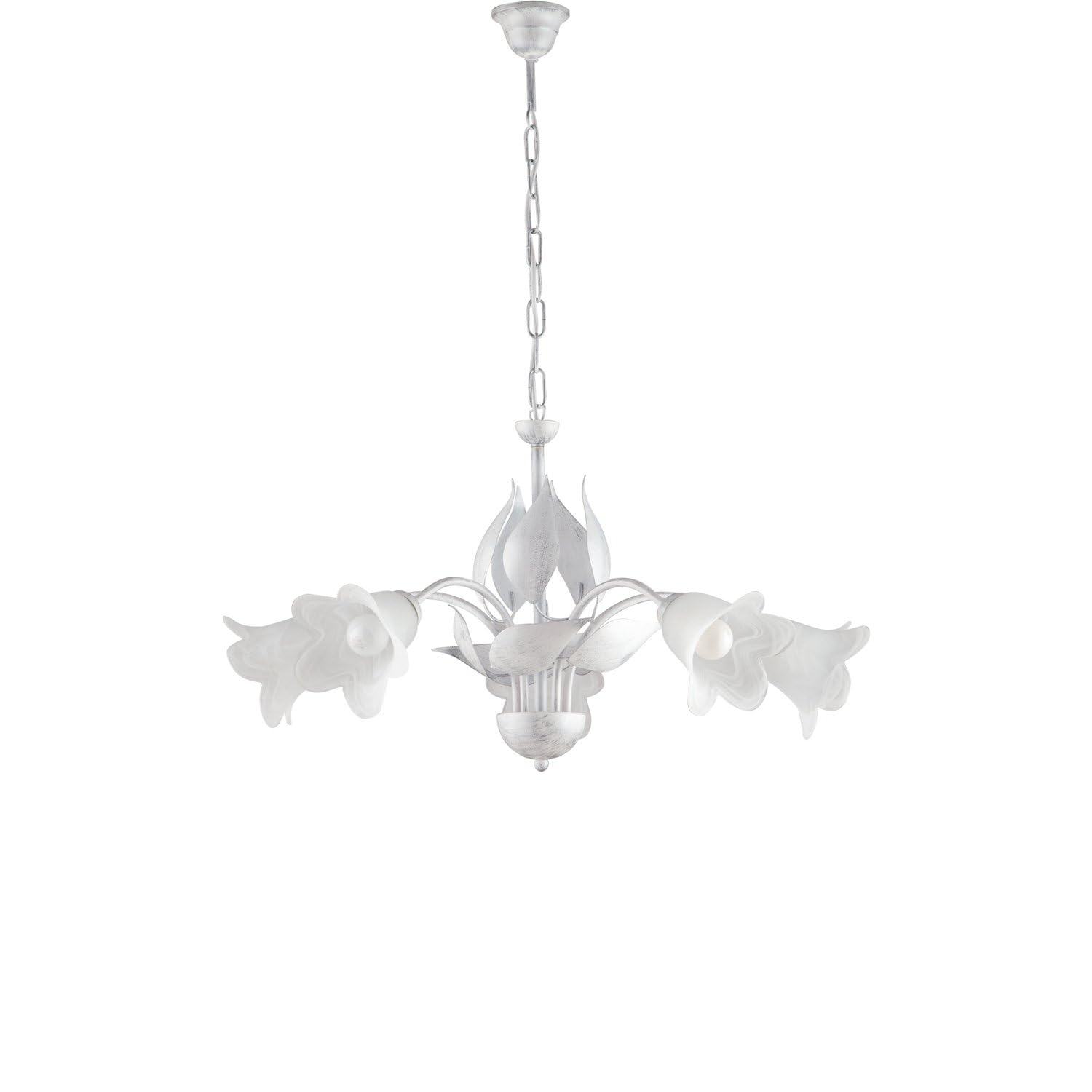 Lampadario 5 Luci Ferro Battuto e Vetro Bianco e Argento Serie Olga