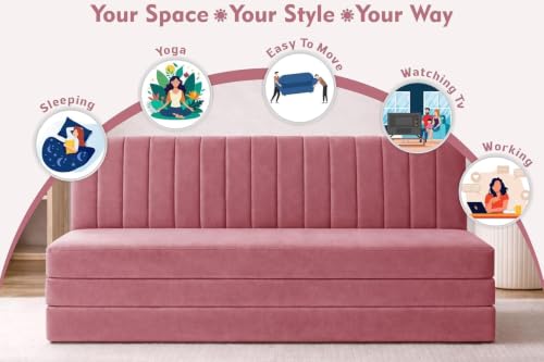 Image of Rosebell -3 Seater Armless Sofa Cum Bed with Backrest | Soft Velvet Fabric Finish | Modern Living Room & Bedroom -Rose Pink-Color