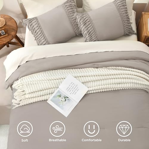 Image of Andency Comforter Full Size Set Heather Grey, Boho Lightweight Vintage Soft Bedding Comforter Sets, 3 Pieces Bed Set (79x90In Comforter & 2 Pillowcases)