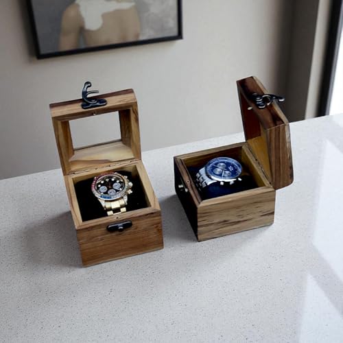 Image of Vintage Teakwood Watch Box & Jewelry Organizer - Wooden Display Case & Timepiece Cabinet, Valentine's Day Gift for Men (Combo (Wood & Glass Lid))