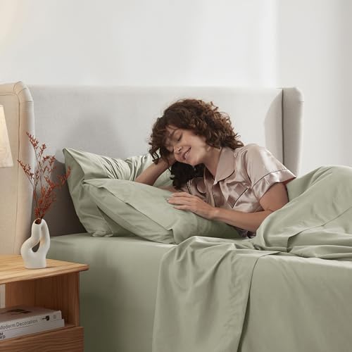 Image of Nestl Split King Bed Sheet Set - Light Green - 5-Piece Deep Pocket | Instantly Soft, Night-One Ready (No Wash Required). Fits 16-Inch Deep Pockets, 360-Degree Elastic Grip