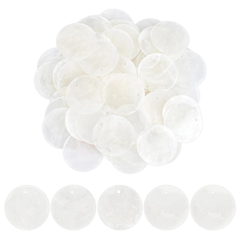 HOBBIESAY 60PCS Flat Round Shell Charms Round Capiz Shell Charms Bulk Mussel Beads Flat Coin Mother of Pearl Seashell Charm for Hawaiian Style DIY Jewelry Making Necklace Bracelet Earring Wind Chime