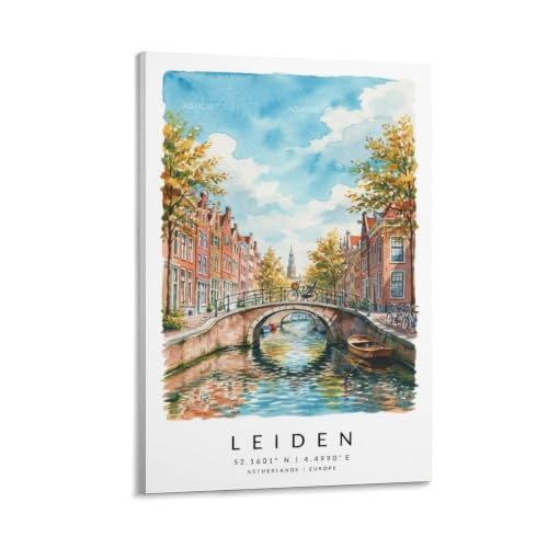 Poster de voyage Leiden 40x60 cm impression aquarelle vintage de paysage urbain