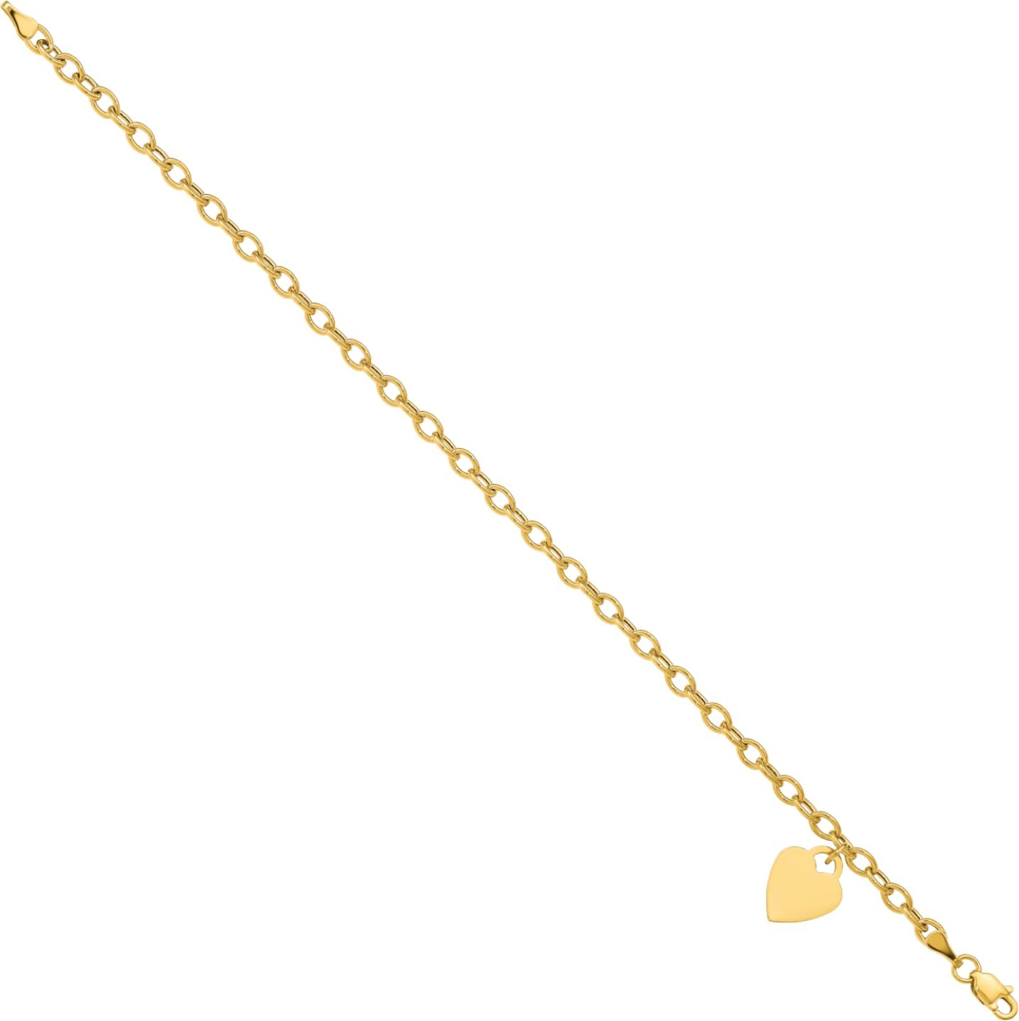 IceCarats 10K Yellow Gold 3mm Cable Chain Heart Charm Bracelet, Polished, Engravable