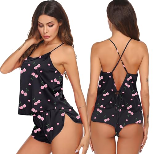 Image of Ekouaer Silk Pajamas Set for Women Satin Backless Lingerie Pjs Cami Top and Shorts Nightwear