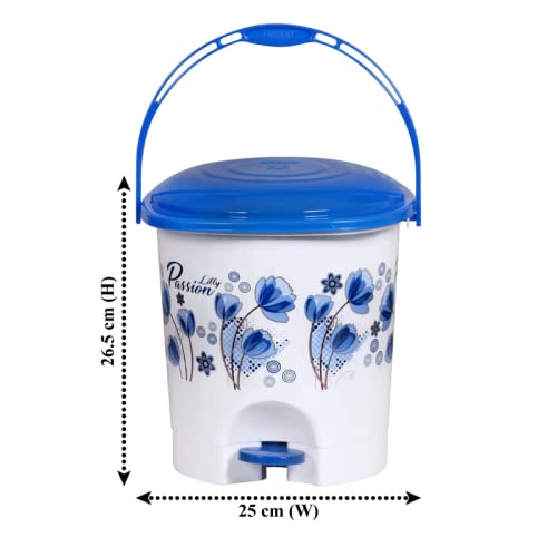 Image of GoodWill Tech Floral Printed Plastic Pedal Dustbin with Lid and Handle For Home, Kitchen, Office (White-Blue)