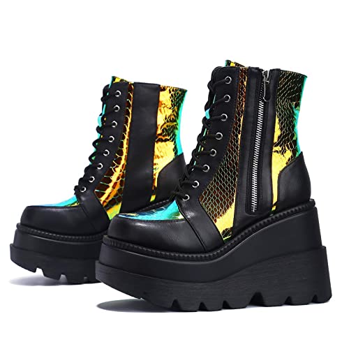 Holographic Platform Gothic Ankle Boots for Womem Combat Boots Lace Up Chunky Heel Wedge Booties Side Zip Punk Boots