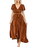 GeGekoko Womens Warp V Neck Maternity Nursing Dresses Velvet Ruffle Cocktail Party Maxi Dress with Belt Brown