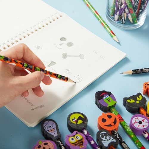 JOYIN 48 lápices Halloween con borradores, set escolar miniatura 4