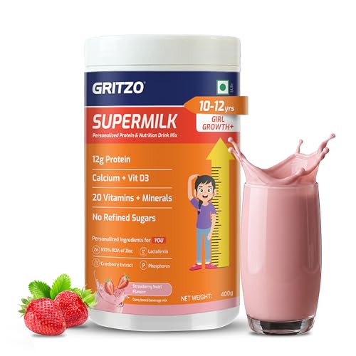 Image of Gritzo SuperMilk Growth+ (10-12y Girl), Strawberry Swirl, 400g | 12g Protein with 20 Vitamins & Minerals | Zero Refined Sugar
