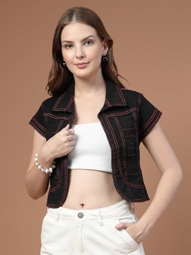 Image of Style Quotient Women Navy Blue Denim Open Front Regular Shrug