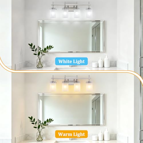 Image of 4-Light Brushed Nickel Vanity Light with White Linen Frosted Glass E26 Socket,Bathroom Light Fixture,Modern Wall Light Over Mirror(Bulbs Not Included)