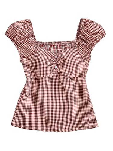 SOLY HUX Girl's Gingham Tops Y2K Cute Blouse Summer Sweetheart Neck Shirts Aesthetic Clothes