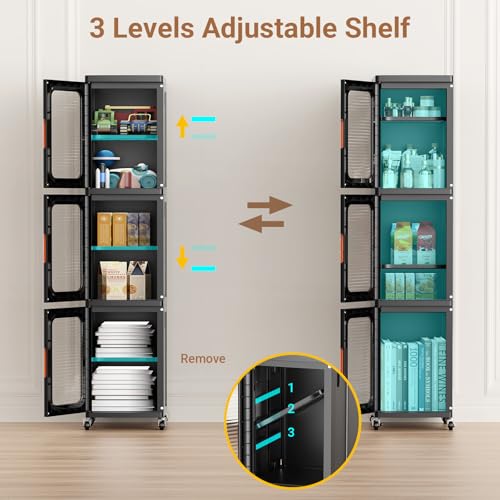 Image of BROVIEW 3-Tier Tall Narrow Storage Cabinet Organizer, Slim Bathroom Cabinets with Adjustable Shelves and Doors, Plastic Kitchen Pantry Organizers and Storages for Small Space, Laundry, Black