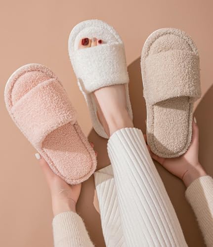 Caistre Womens Slides Fuzzy Slippers Open Toe Fluff Slippers Soft Cozy House Shoes Furry Bedroom Memory Foam Shoes with Arch Support3