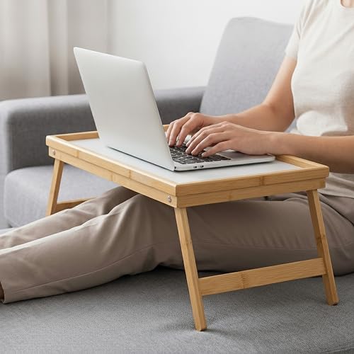 Miniatura 5 de Relaxdays Bandeja Cama De Bambú Y Mdf, Patas Plegables, Mesita Desayuno, Mesilla Sofá, 23,5 X 63 X 31 Cm, Natural Blanco