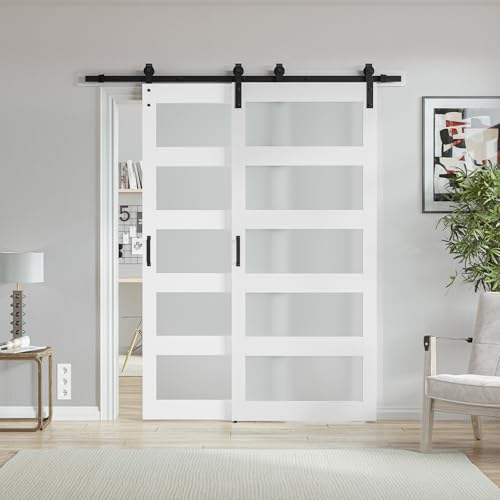 76''×84'' 5 Glass Bypass Manufactured Wood Barn Door with Installation Hardware Kit