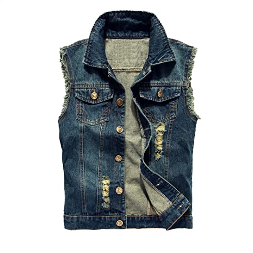 Men's Casual Lapel Denim Vest Jacket Vintage Plus Size Sleeveless Ripped Jeans Vests Hip Hop Jean Waistcoat