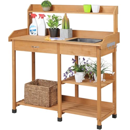 Yaheetech Mesa de Jardinería Exterior, Mesa de Trabajo y Cultivo para Terraza, Soporte para Macetas con Ganchos, Tamaño 114.8x45x121 cm
