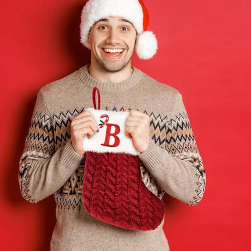 Christmas Stockings 7.9 inch Personalised Knitted Stocking with Letter Monogram Xmas Stockings Red Christmas Stockings Plush Cuff Hanging Stockings Gifts Holding for Xmas Tree Holiday Ornament (B) - Image 4