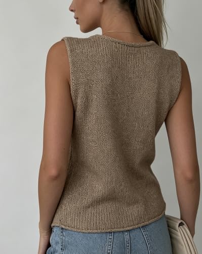 Image of Womens Vintage Knittd Tank Y2k Vest Crop Top Sleeveless V-Neck Open Front Button Crochet Knit Vests Versatile Tops