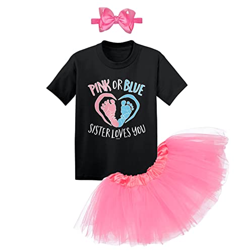 Pink Or Blue Sister Loves You - Gender Reveal Baby Bodysuit + Tutu Skirt + Bow Headband Set