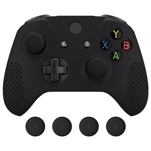 eXtremeRate PlayVital Silikon Schutzhülle Case für Xbox One S/X Controller, Anti-Rutsch Gummi Hülle & 4 Thumbstick Sticks Kappen Aufsätze für Xbox One S/X Controller-Schwarz