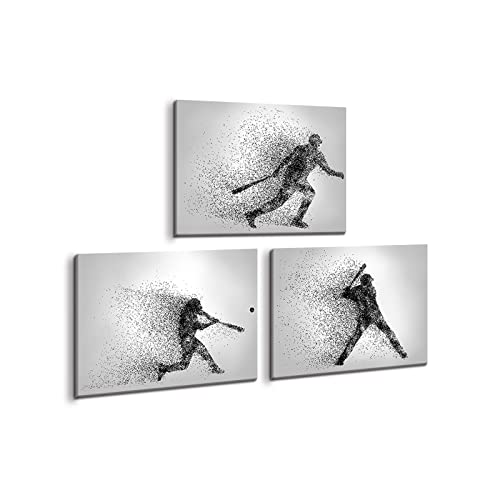 Baseball Canvas Wall Art Rugby Sports Poster Particle Silhouette Pictures Black White Painting Canvas Prints Framed Ready To Hang Artwork For Kids Room Living Room Bedroom Wall Decor (12"X16"X3Pcs, Baseball Particle #TOP2
