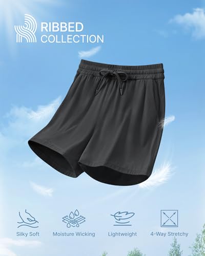 G4Free Ribbed Womens Athletic Shorts High Waisted Drawstring Gym Running Shorts with Pockets2