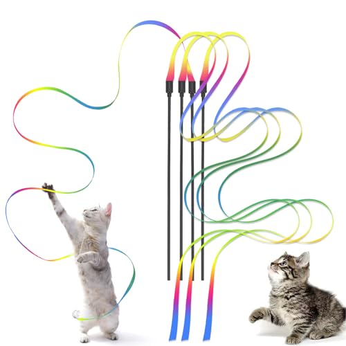 Kzouenzu Katze Zauberstab 60cm, Katze Wand Interaktives Spielzeug [4 Stück], Interaktives Katzen Regenbogenstab Schnurspielzeug, Interaktiver...